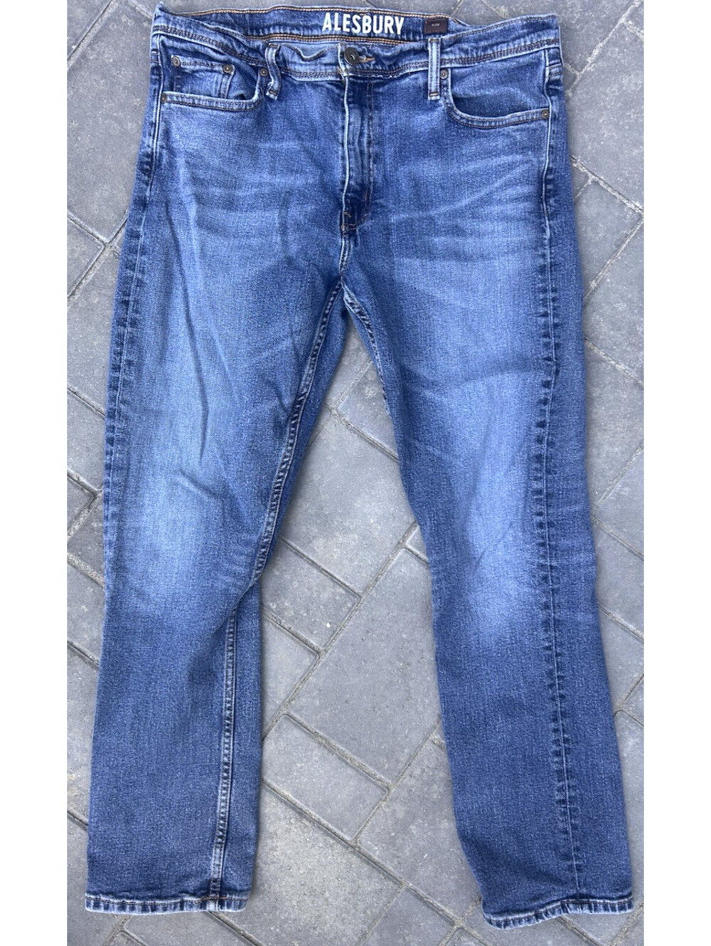 Alesbury Slim Aiden Blue Denim Jeans 36W x 30L Relaxed Light Fade Tape 33Wx28.5L